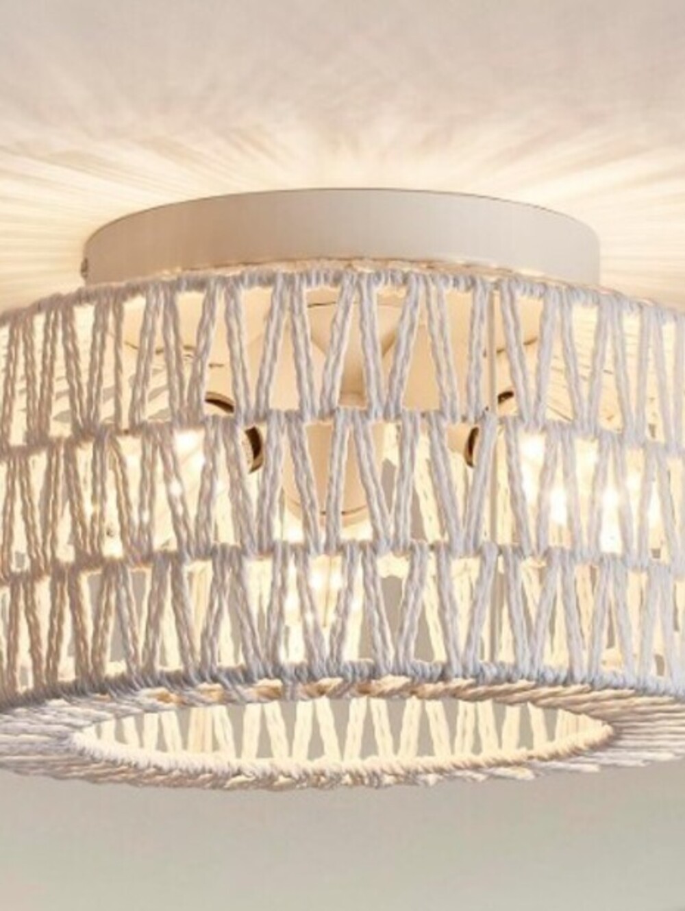 NATURAL WOVEN RATTAN CEILING LIGHT FIXTURE-BOHO-3 LIGHT-OFF WHITE